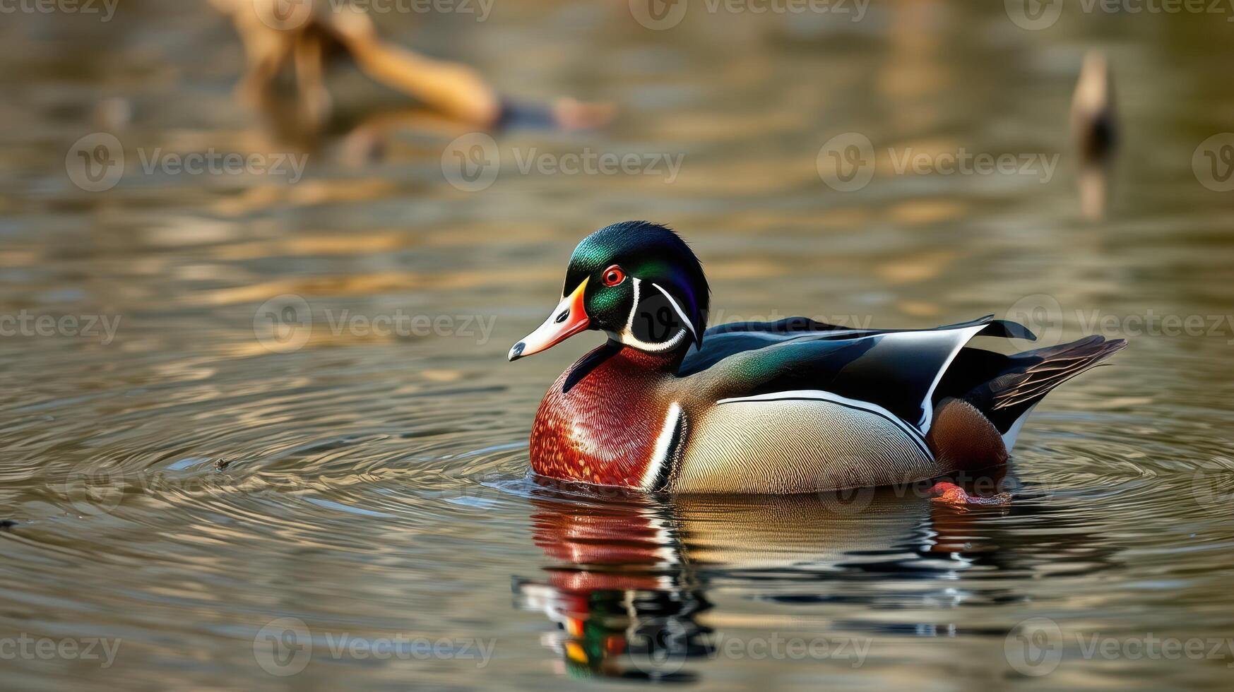 Colorful wood duck swimming in a tranquil pond reflecting nature's beauty in soft light photo