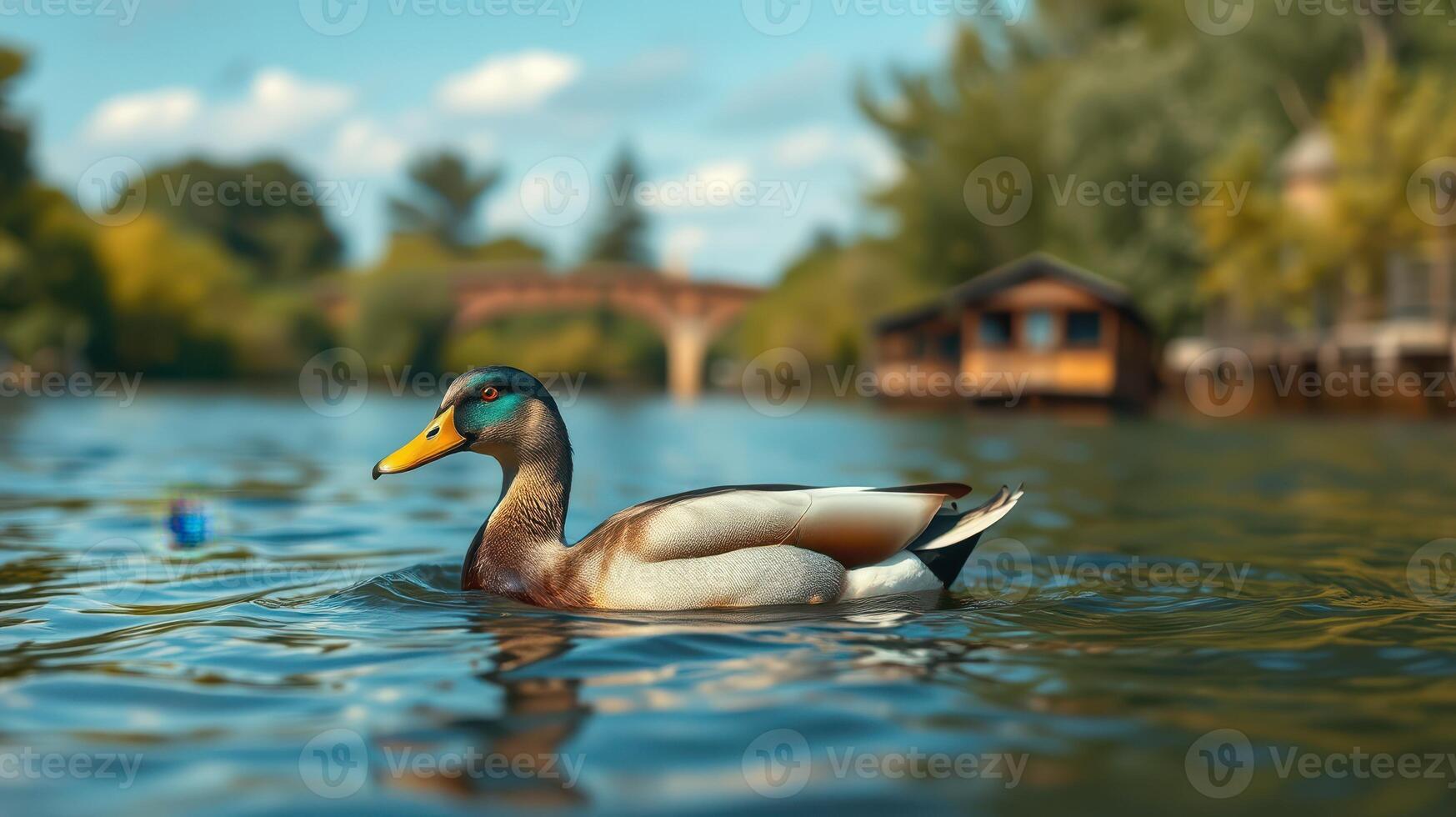 Duck swimming gracefully in a serene river setting surrounded by lush greenery and wooden structures photo