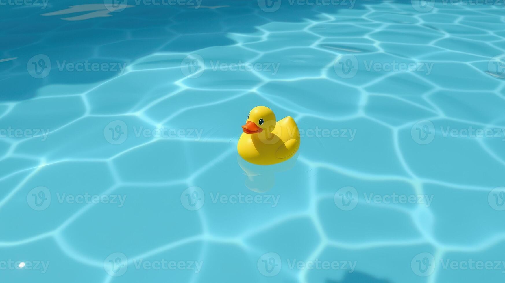 Bright yellow rubber duck floats peacefully in a sparkling blue pool under the sun in summer photo