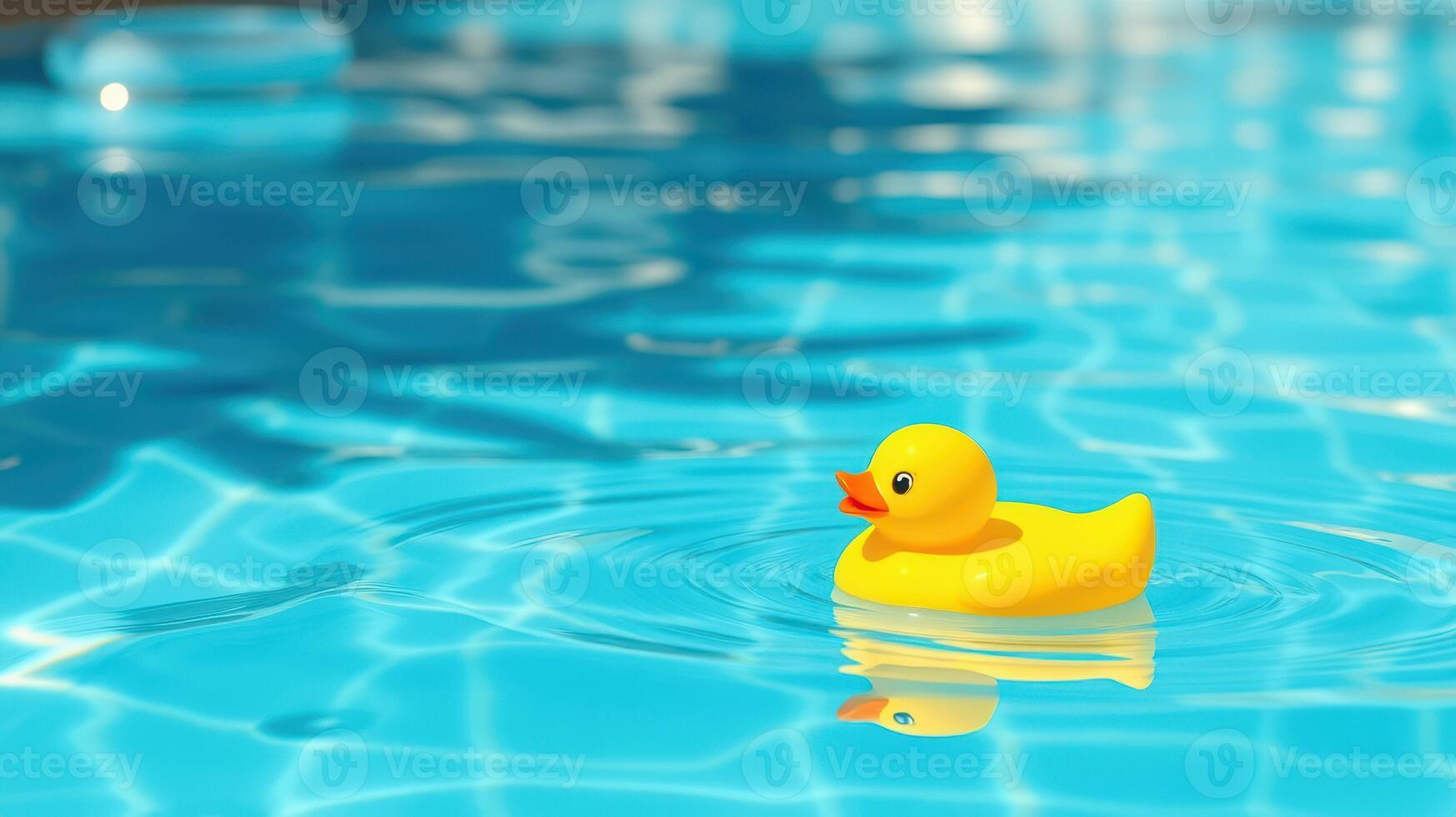 Bright yellow rubber duck floating on sparkling blue water under sunlight on a warm afternoon photo