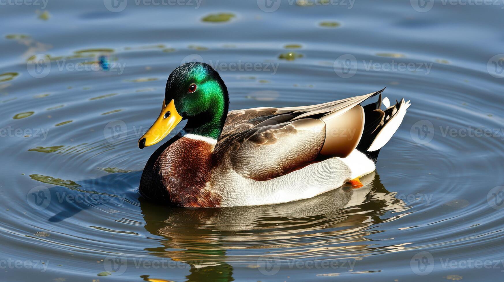 Mallard duck gracefully swims in a tranquil pond reflecting gentle ripples in the water photo