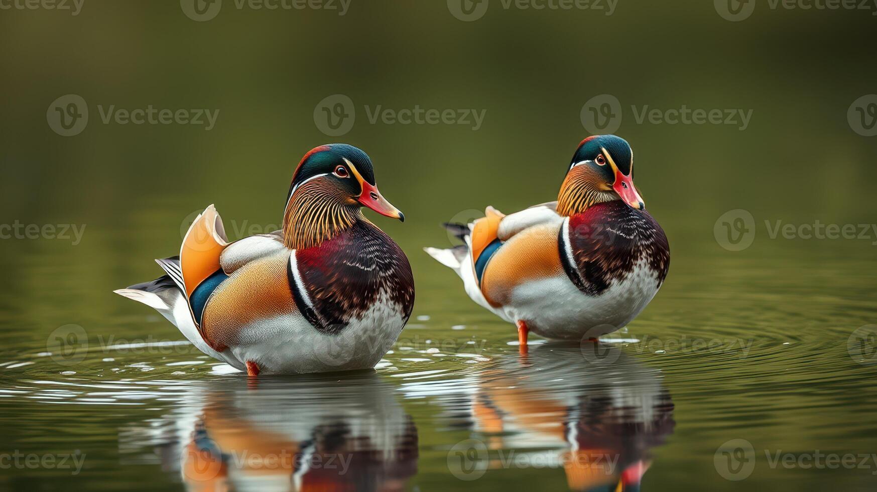 Colorful mandarin ducks swimming gracefully in a serene pond during a sunny afternoon photo