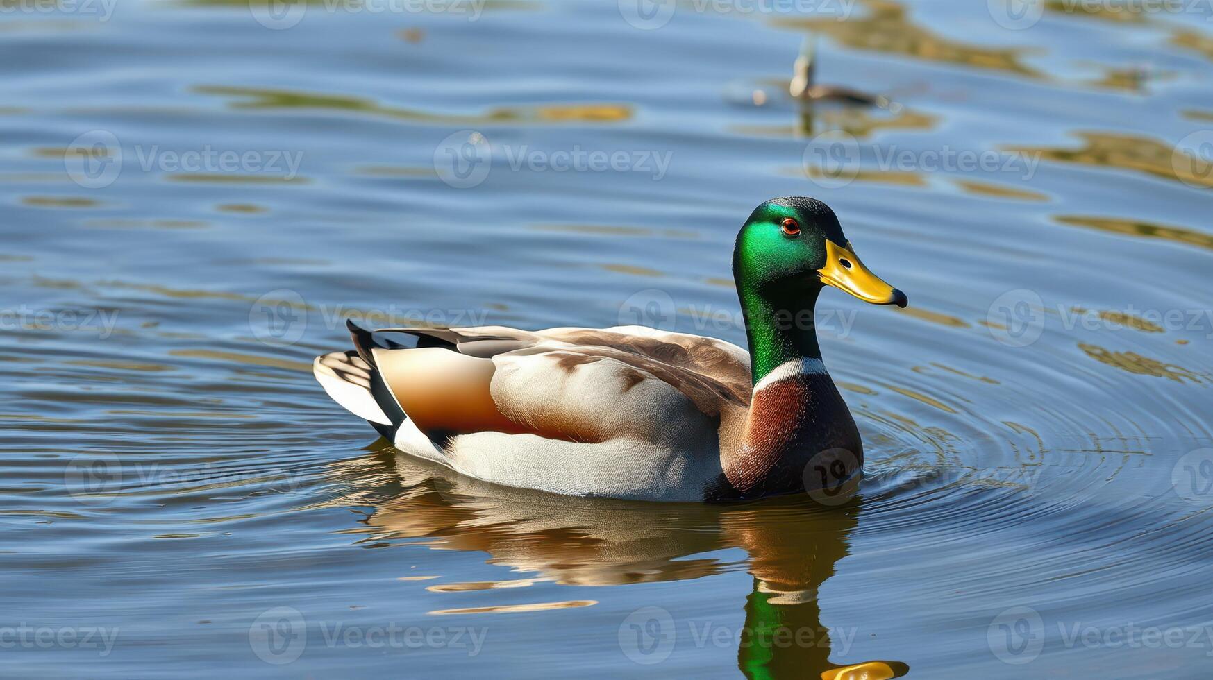 Mallard duck swimming peacefully on a calm lake during a sunny day photo