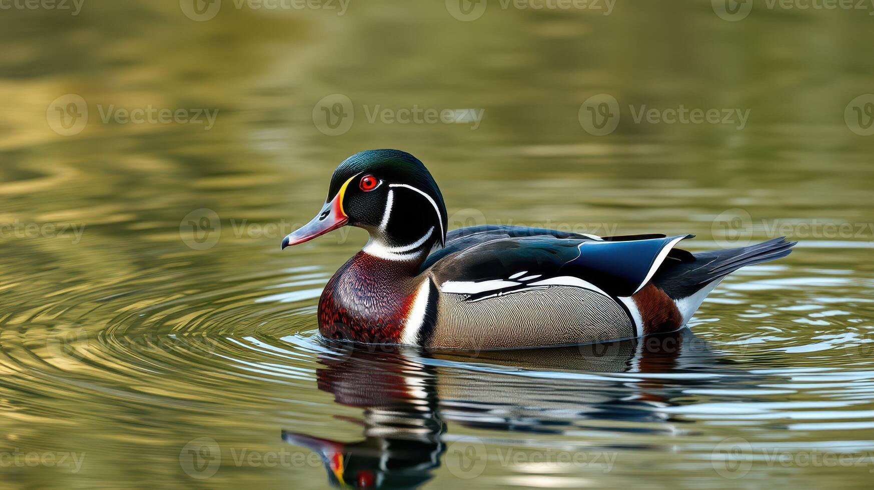 Wood duck swims gracefully in tranquil pond during sunrise near lush green plants photo
