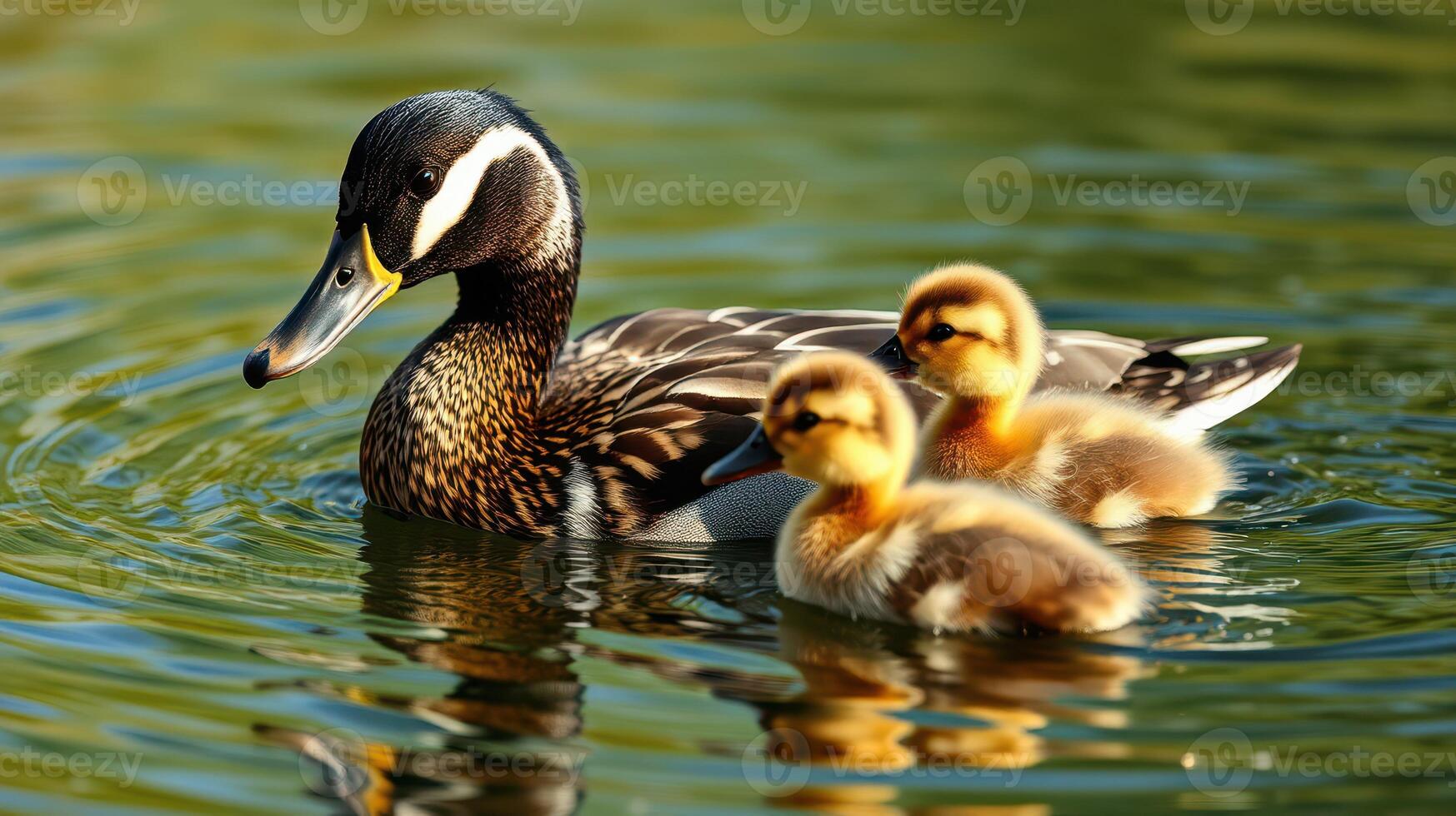 Mother duck swims with her adorable ducklings in a serene pond during a sunny day photo