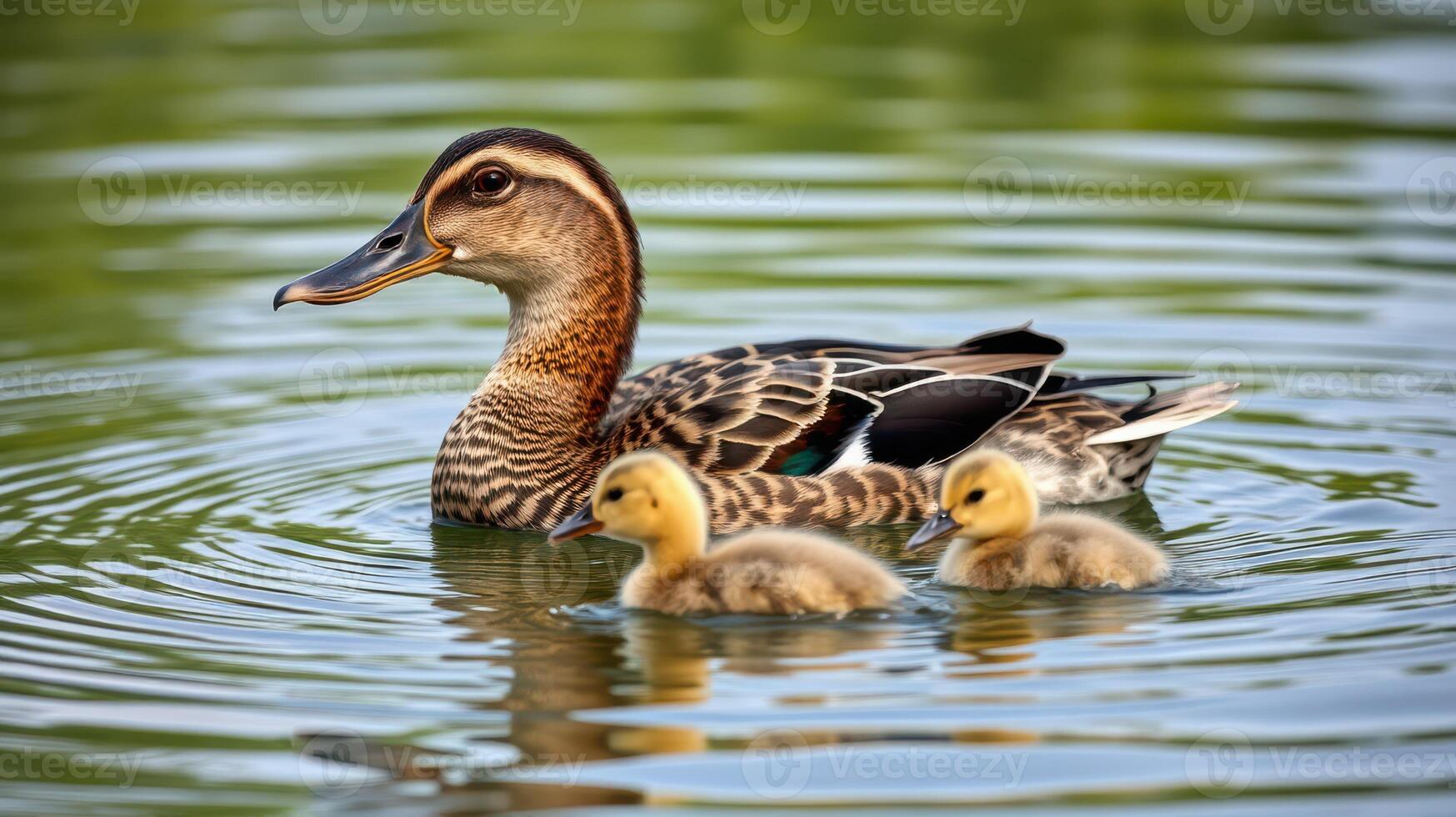 Mother duck swims peacefully with her adorable ducklings in a tranquil pond during a sunny afternoon photo