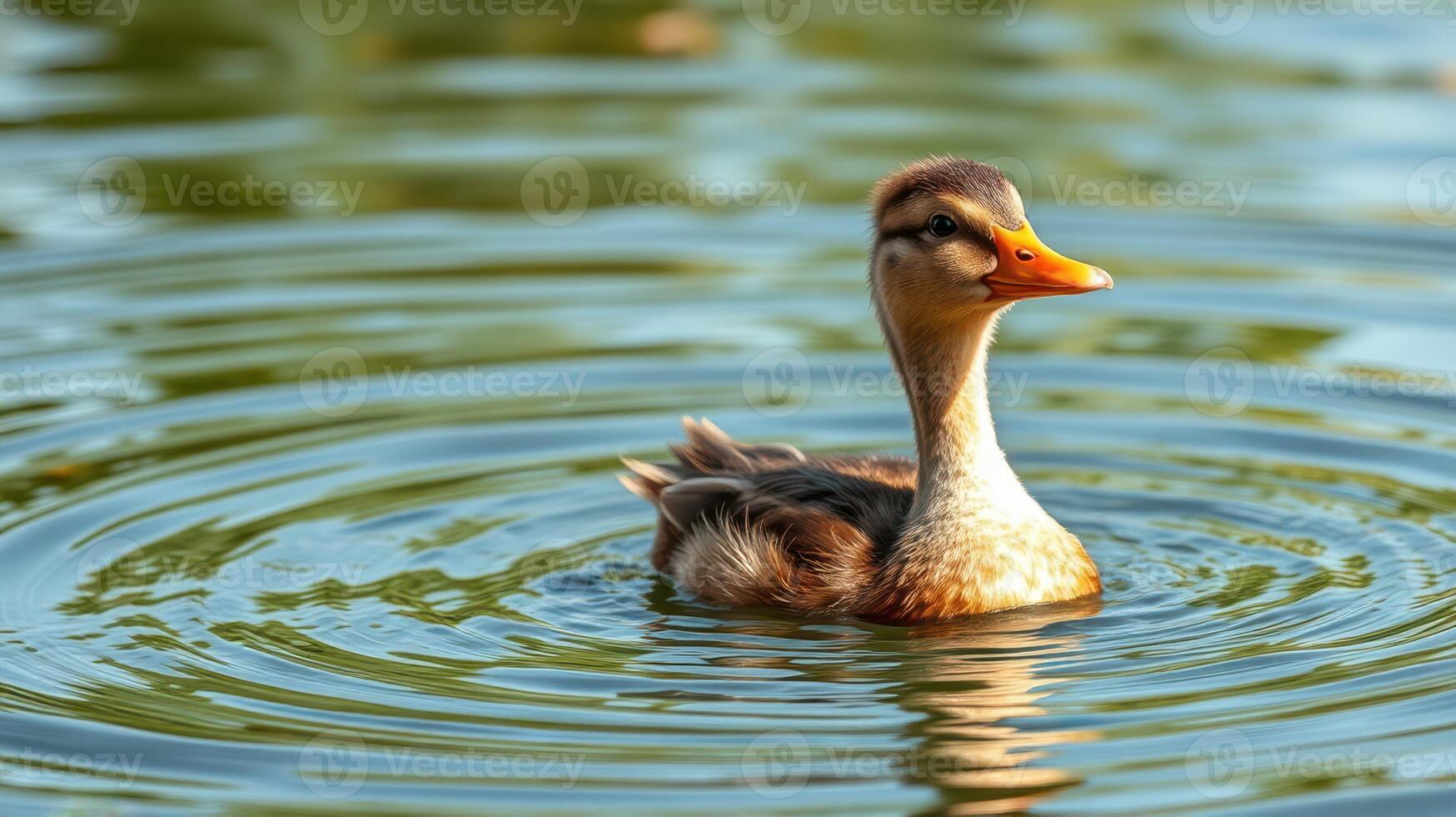 Duck swimming gracefully in a serene pond surrounded by glistening water photo