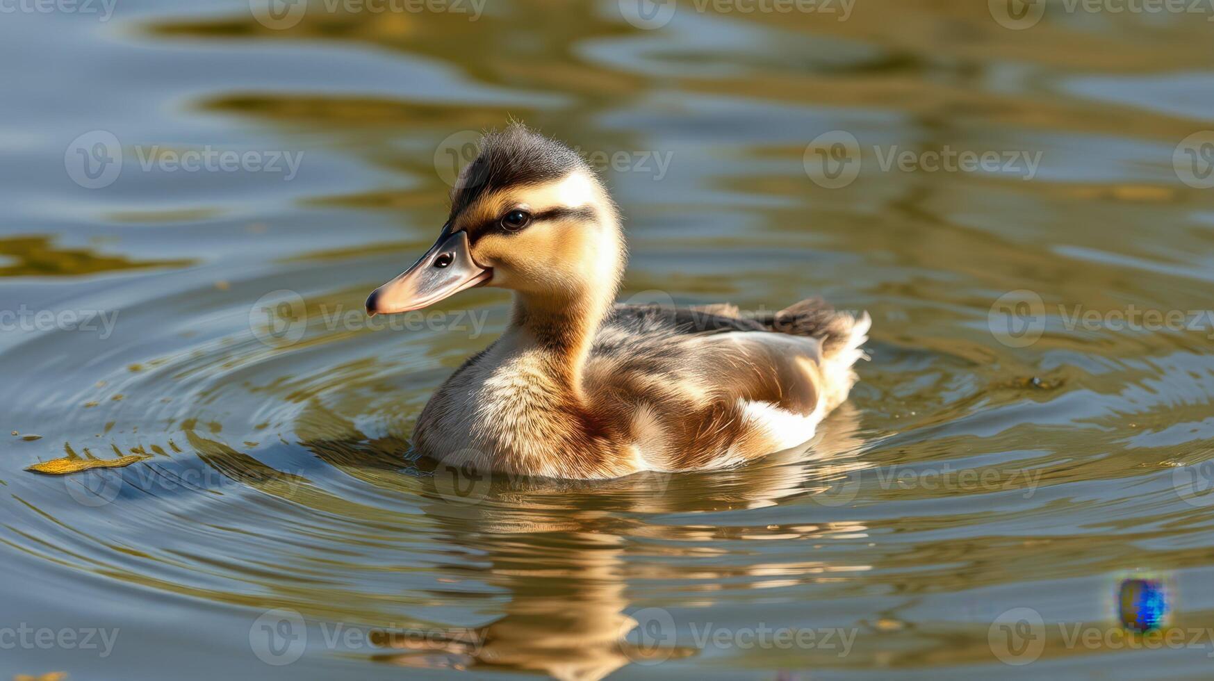 Small duck swims gracefully in a serene pond surrounded by rippling water and gentle reflections during a sunny day photo