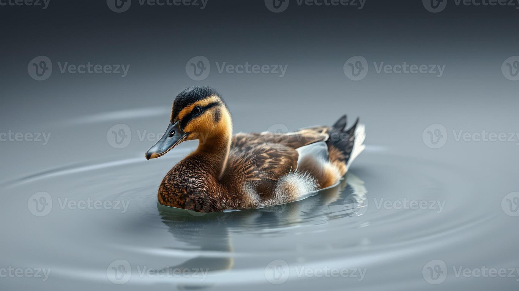 Duck glides peacefully across calm water with gentle ripples in a serene setting during early morning hours photo