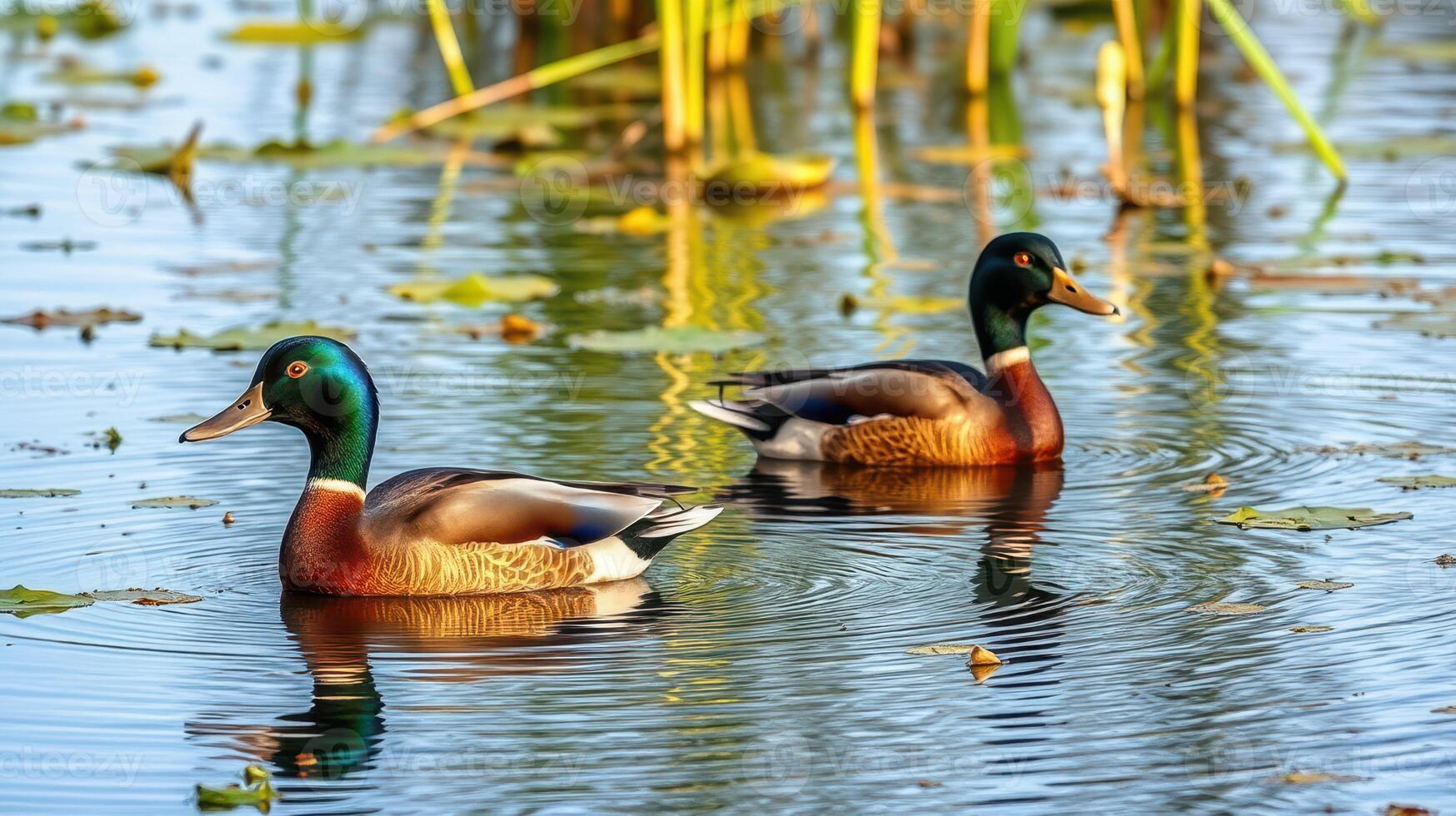 Ducks swimming peacefully in a serene marsh ecosystem surrounded by lush greenery photo