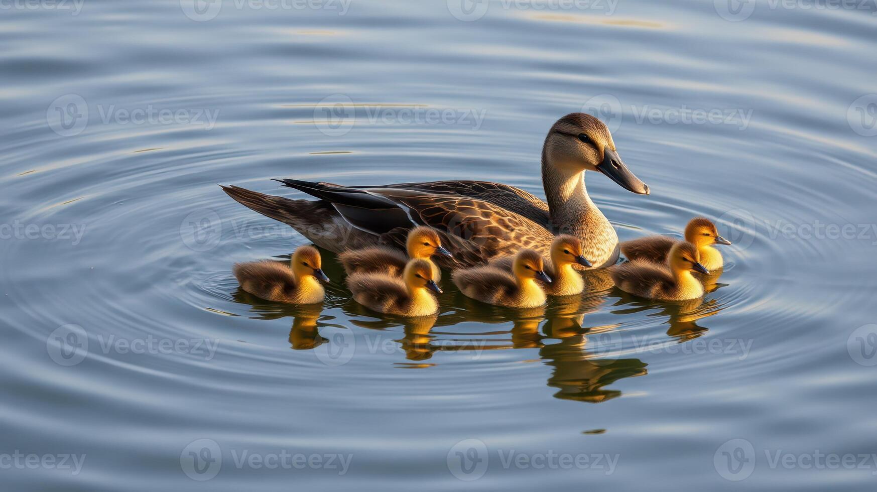 Mother duck swimming with her ducklings in tranquil water during sunset light photo