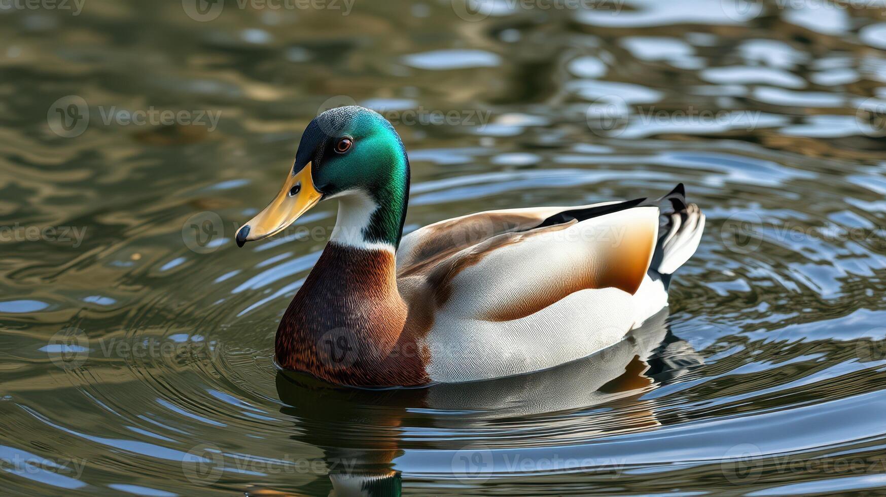 Colorful mallard duck swimming in a serene pond during sunny daylight hours photo