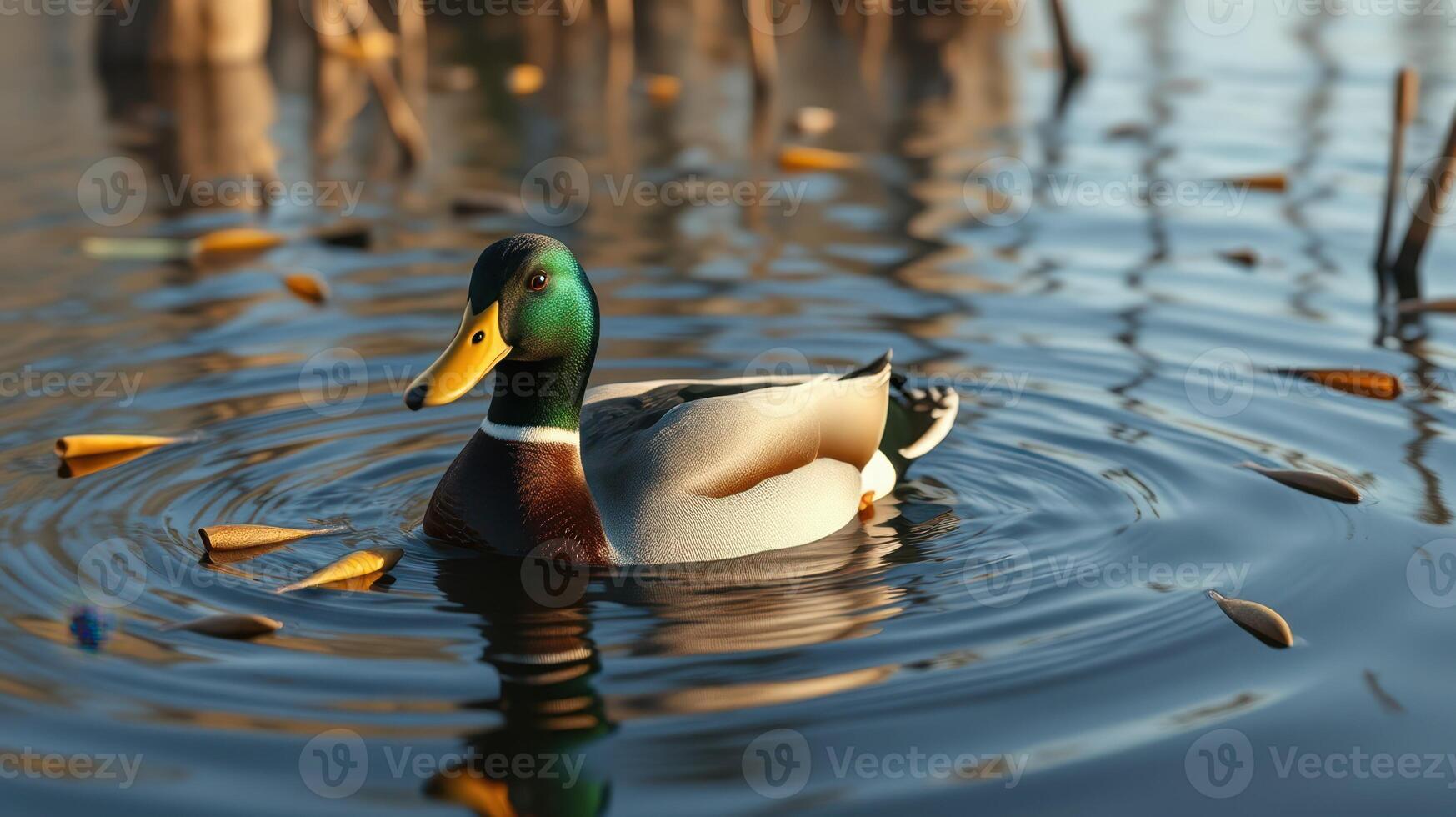 Mallard duck gliding through calm waters surrounded by autumn leaves in a serene wetland environment photo