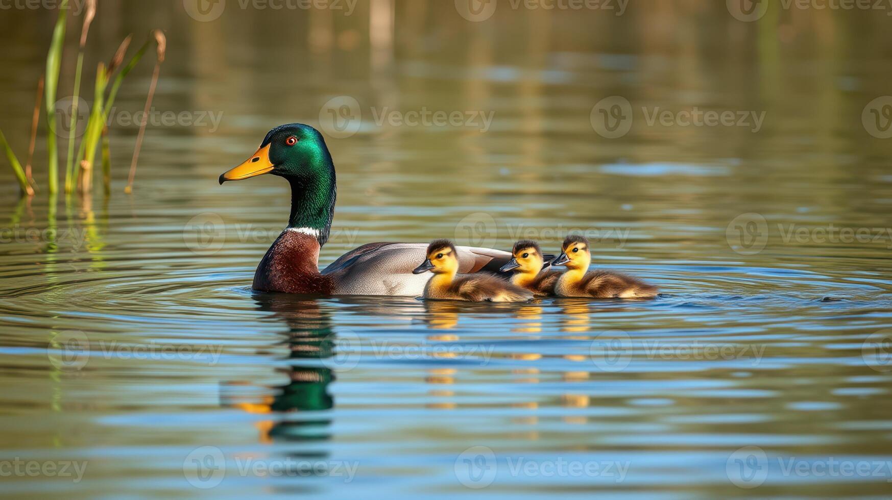 Mother duck swims with her ducklings in a calm pond surrounded by grass during a sunny afternoon photo
