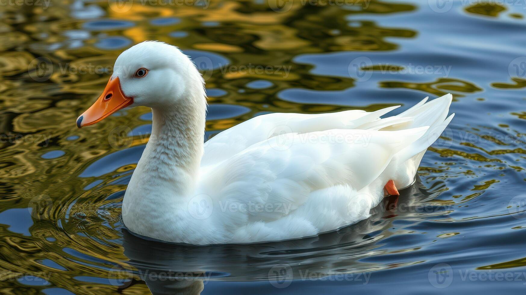 White duck swims gracefully in a serene pond reflecting golden hues during a calm afternoon photo