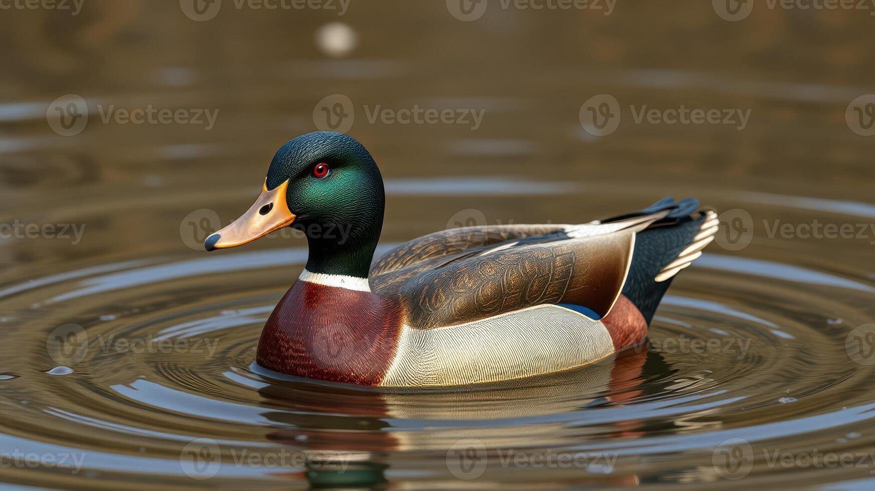 Colorful mallard duck swims gracefully in a calm pond during the afternoon light photo