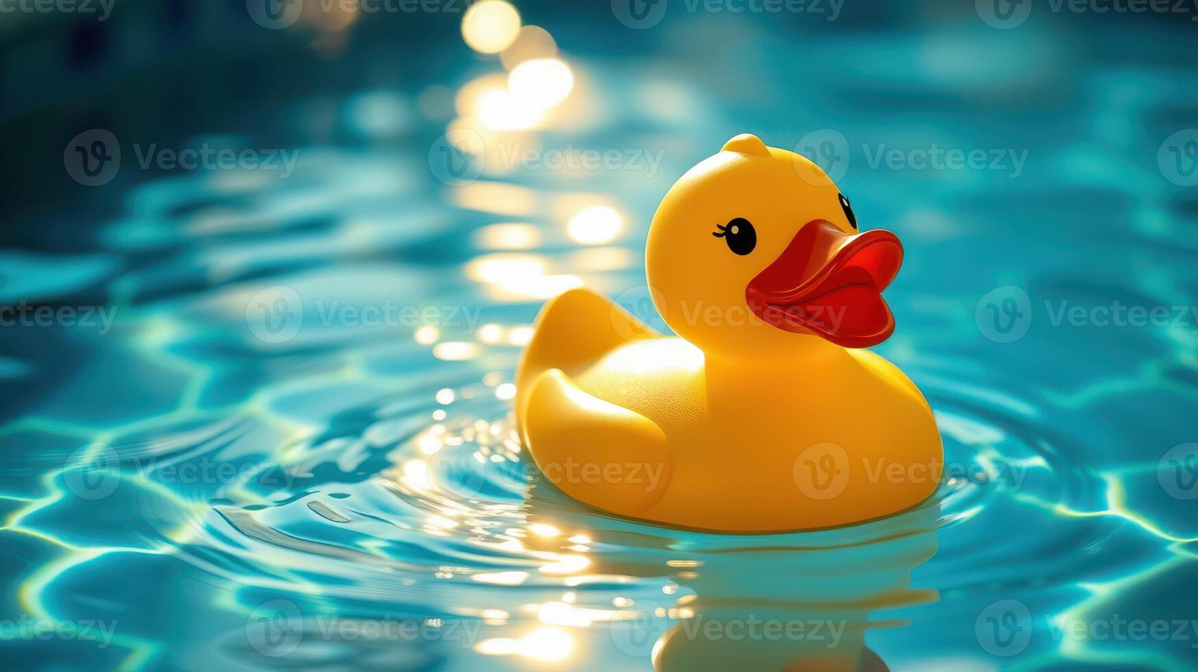 Bright yellow rubber duck floats gently in a sparkling blue pool on a sunny afternoon photo