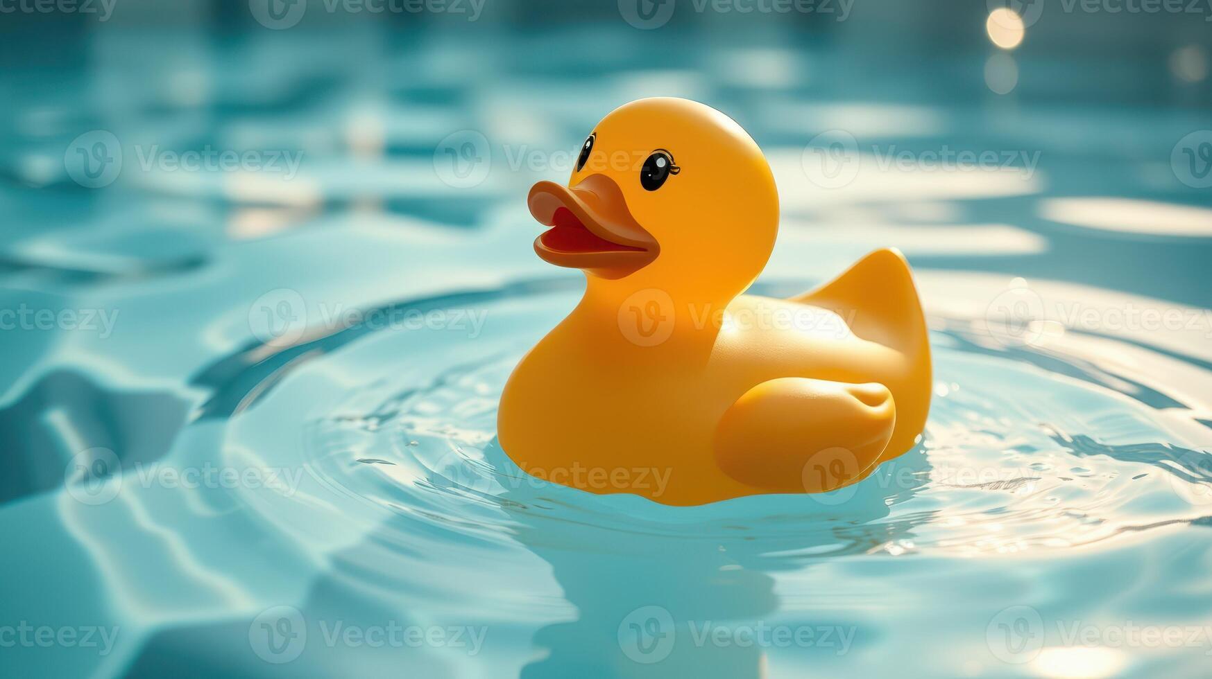 Bright yellow rubber duck floats gently in a serene pool during a sunny afternoon photo