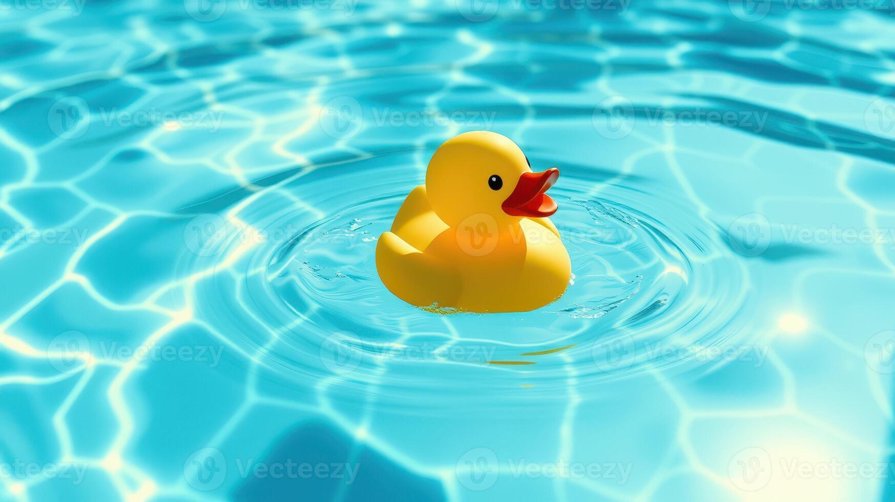 Yellow rubber duck floating peacefully on shimmering water surface during a sunny day at a swimming pool photo