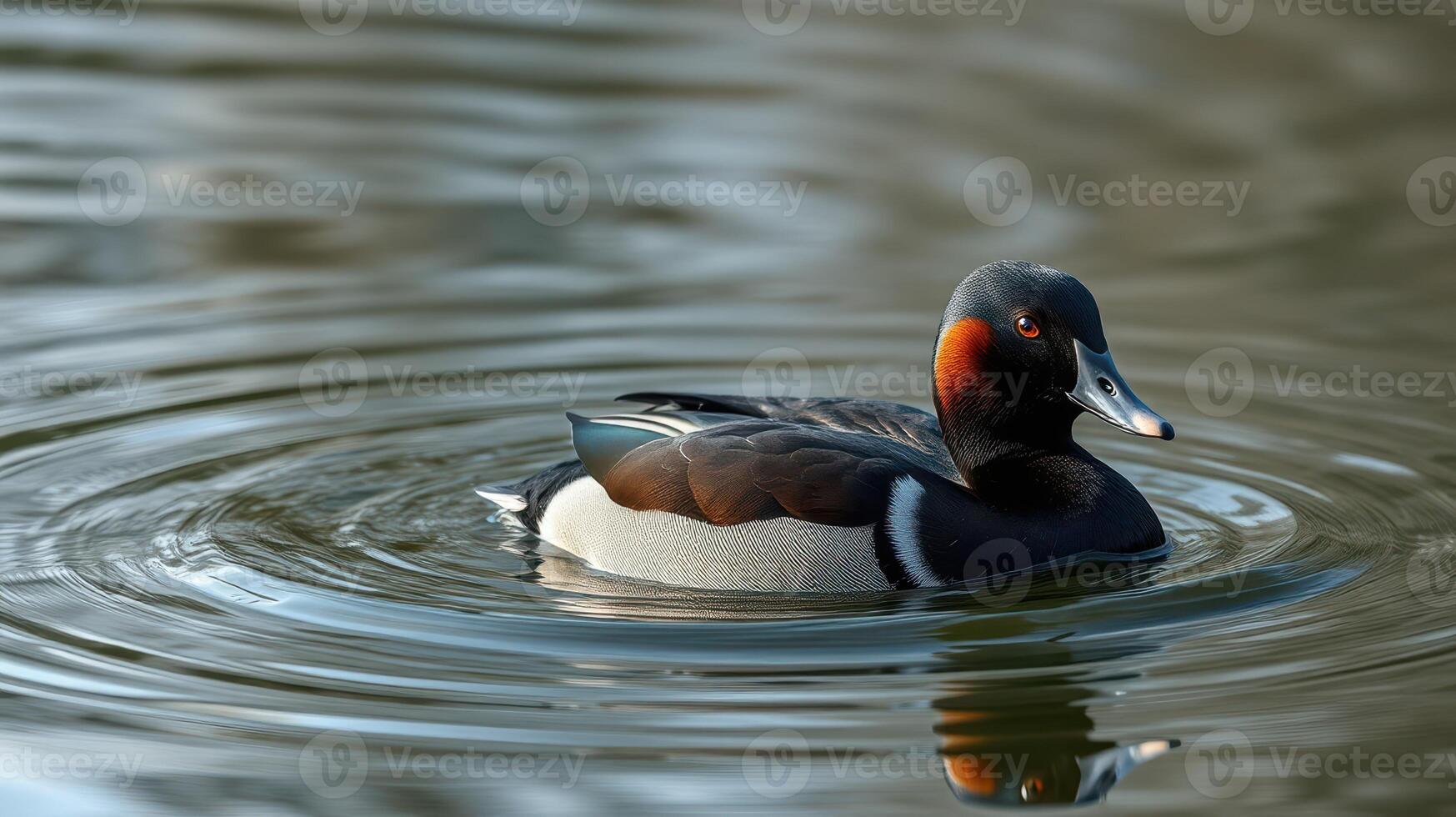 Duck swimming gracefully in calm water with ripples creating mesmerizing patterns at dawn photo