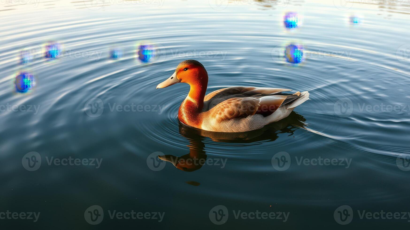 Duck swimming gently on a calm lake surface during a serene afternoon photo