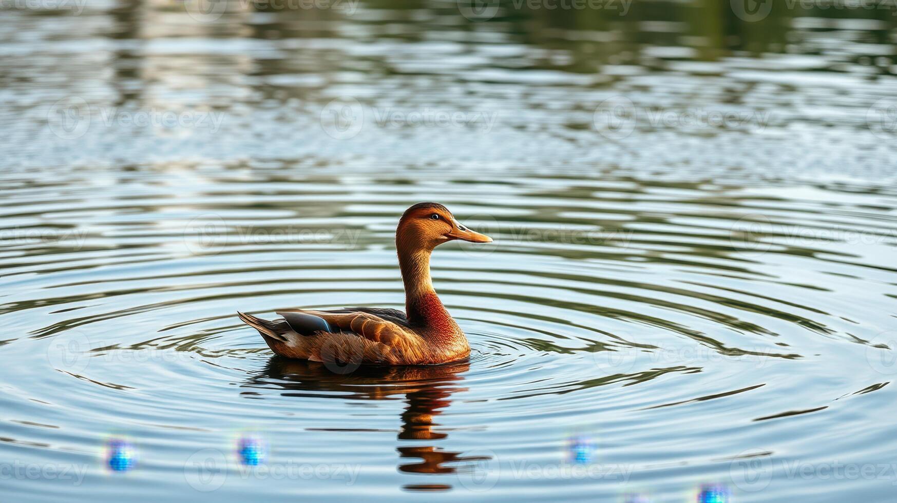 Duck swimming peacefully in calm waters surrounded by ripples during a sunny day photo