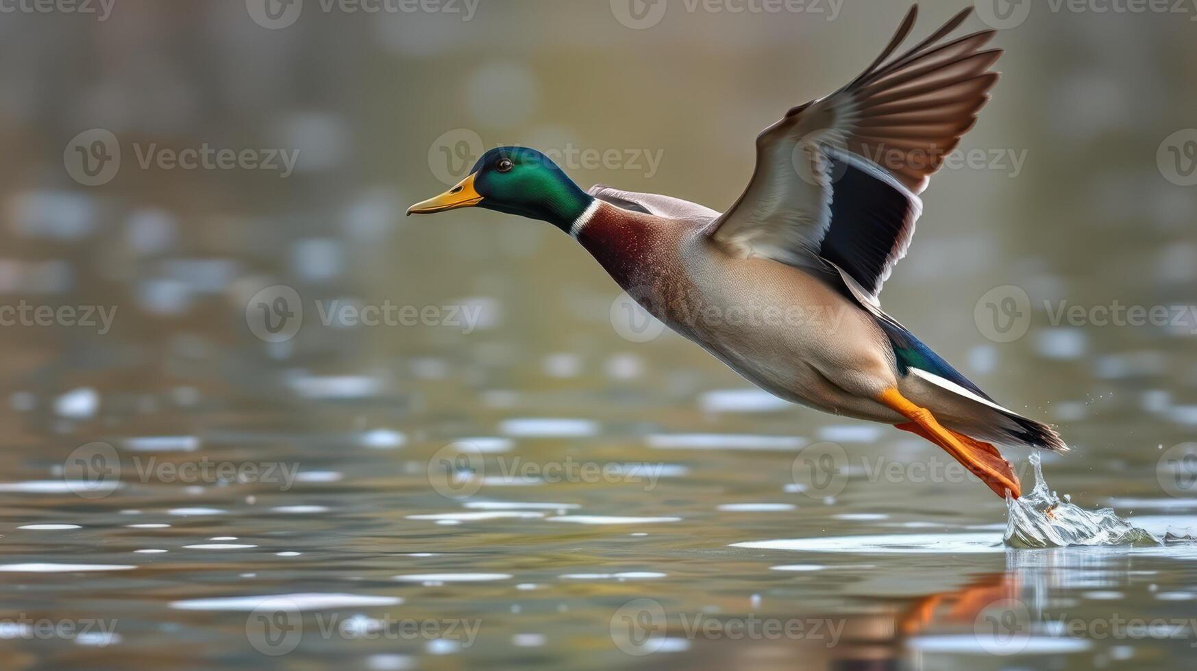 Mallard duck takes off from calm water surface in a natural setting during golden hour photo