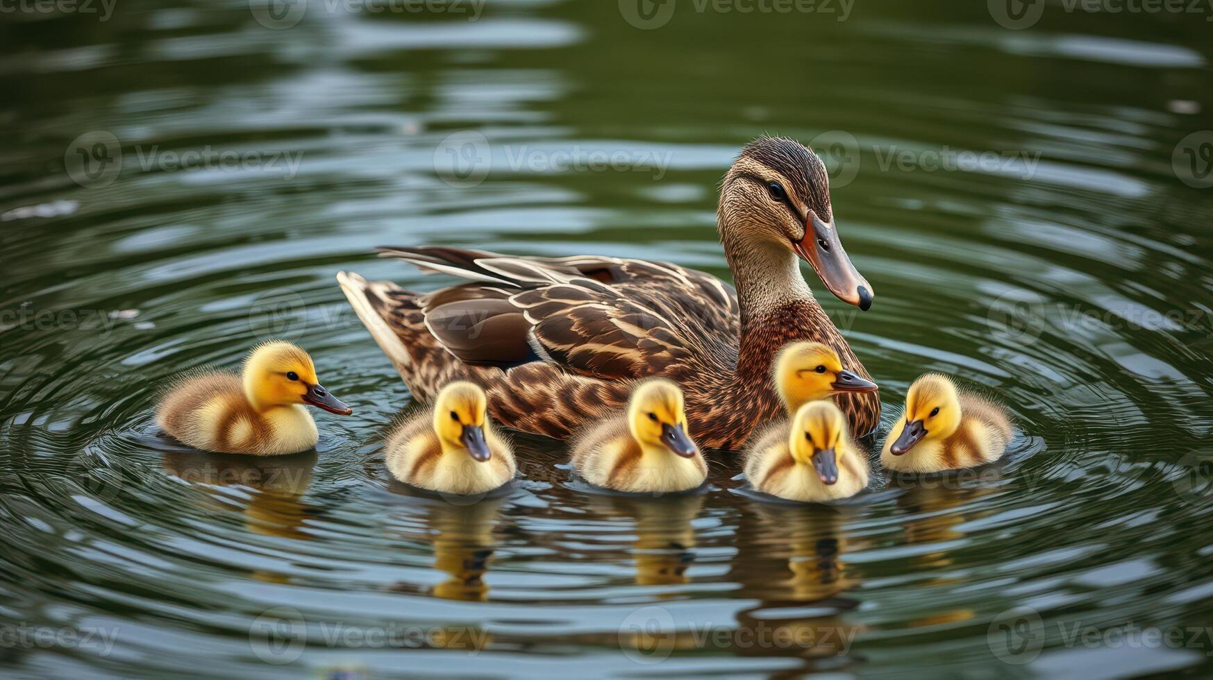 Mallard duck and her ducklings swimming in a tranquil pond during a sunny day photo