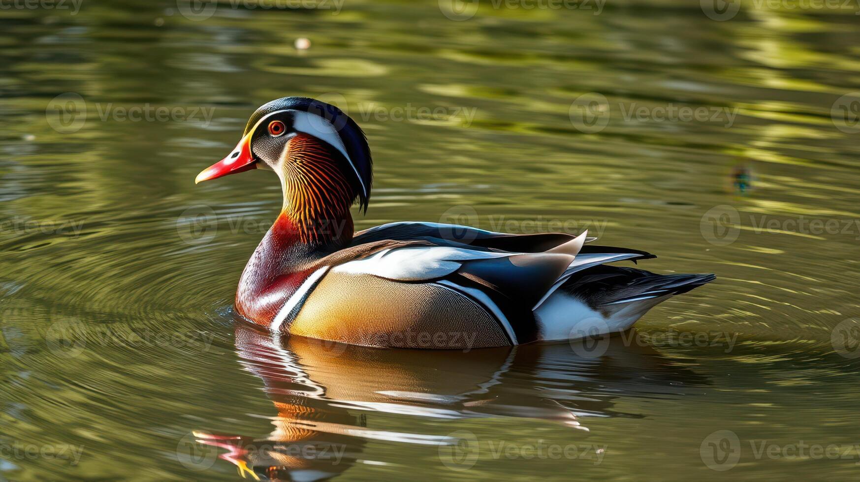 Colorful mandarin duck swimming in a serene pond surrounded by greenery during daylight hours photo