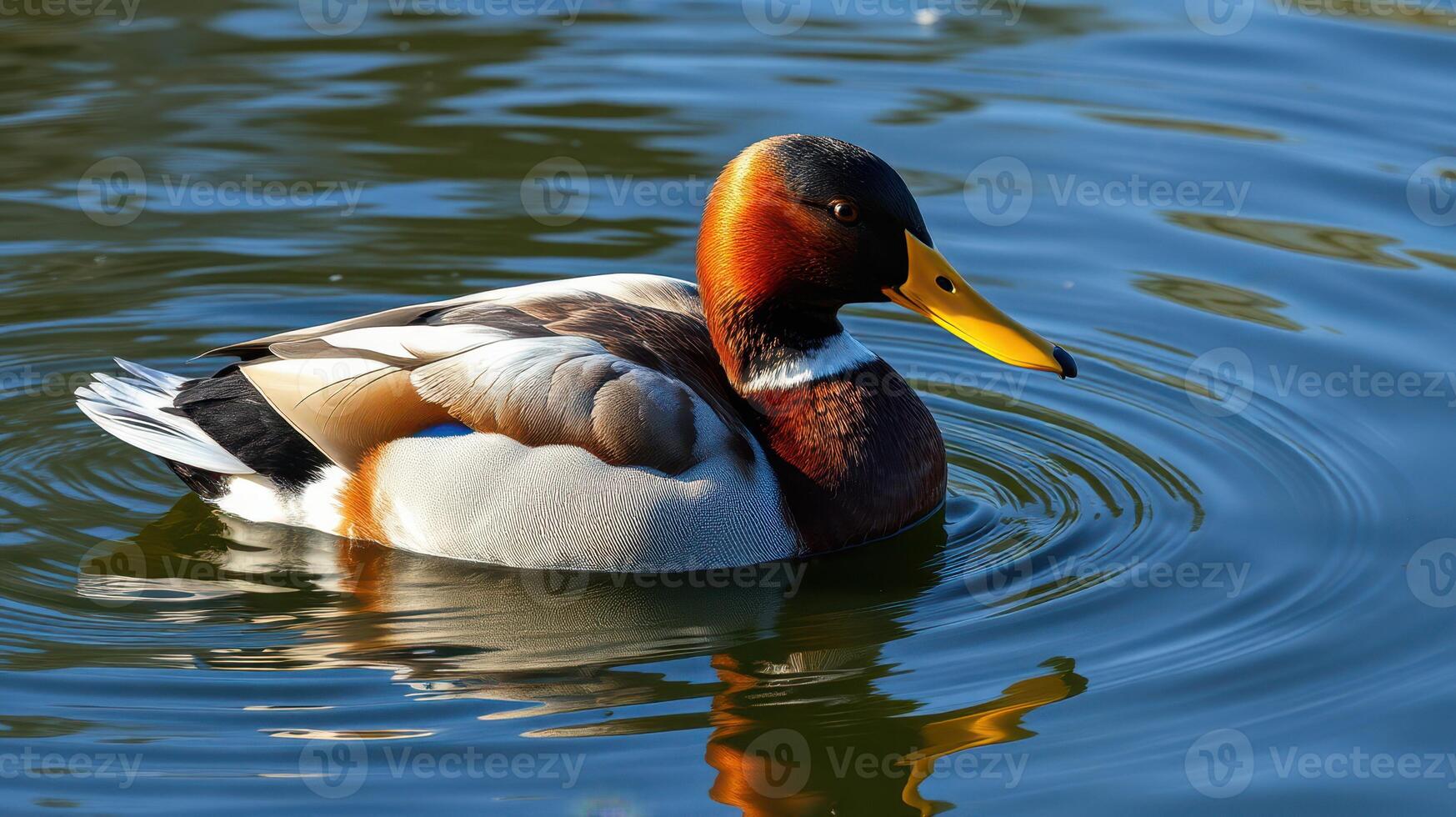 Colorful duck swimming gracefully on a serene pond during a bright morning photo