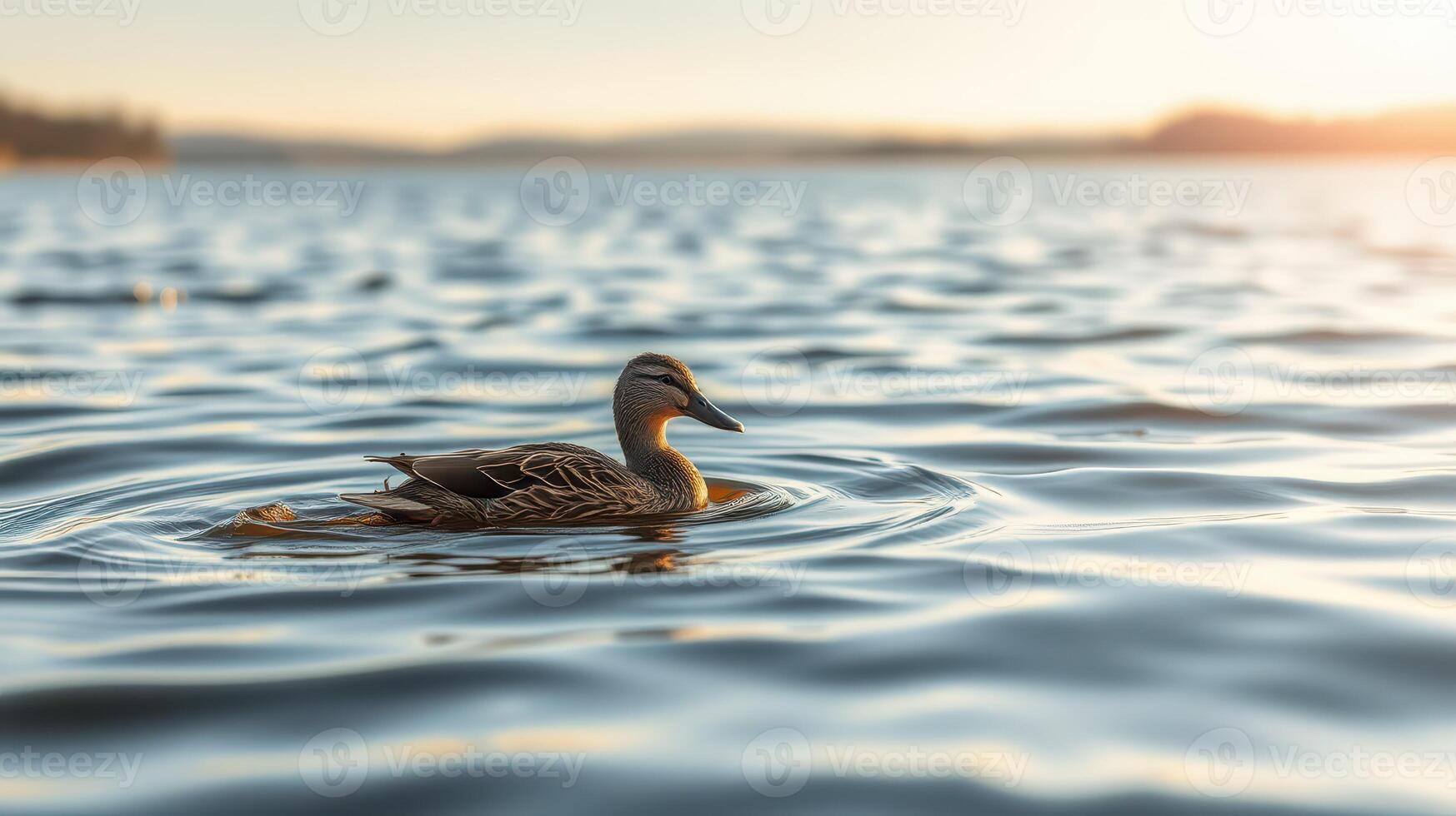 Duck gracefully swimming in a serene lake at sunset with vibrant reflections on the water photo