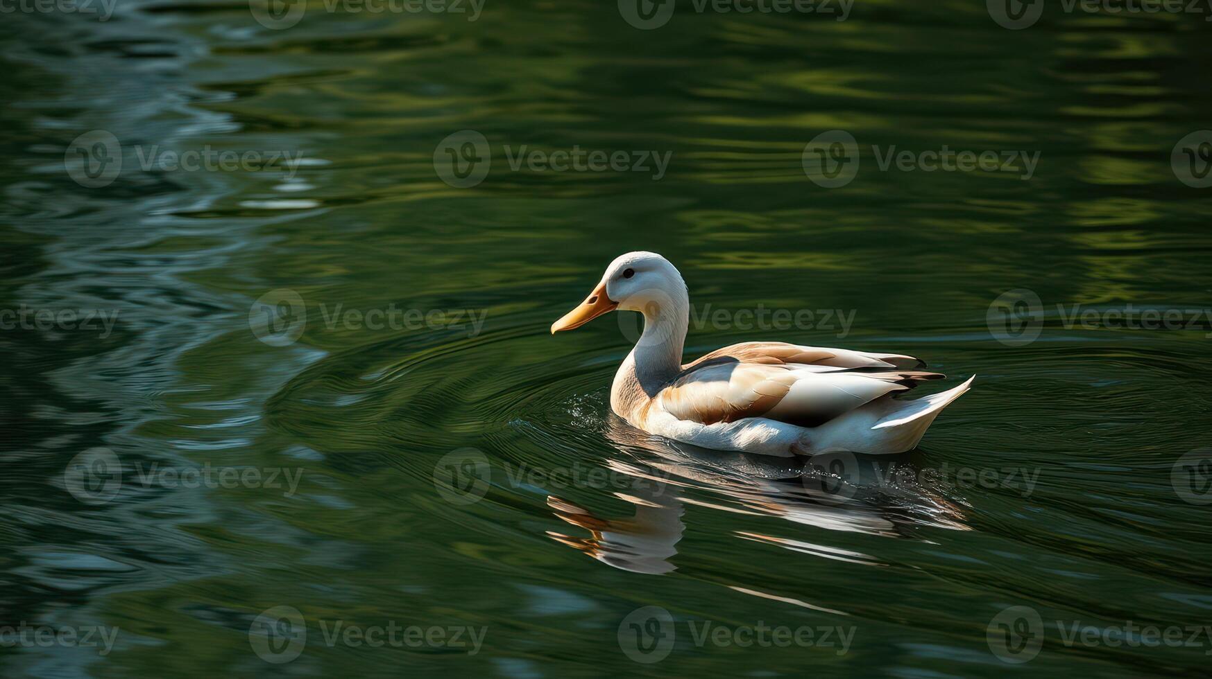 Brown and white duck swimming peacefully in a calm lake during a sunny day photo