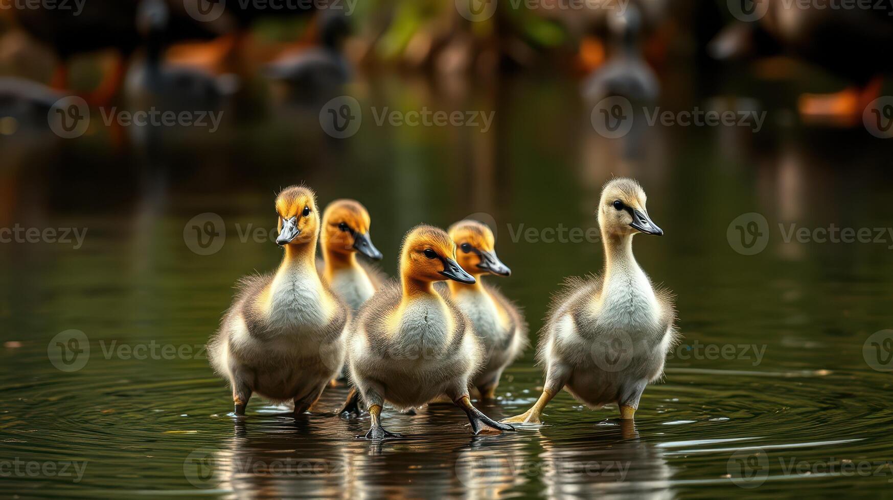 Ducklings waddle through the serene pond at sunset, showcasing their adorable antics photo