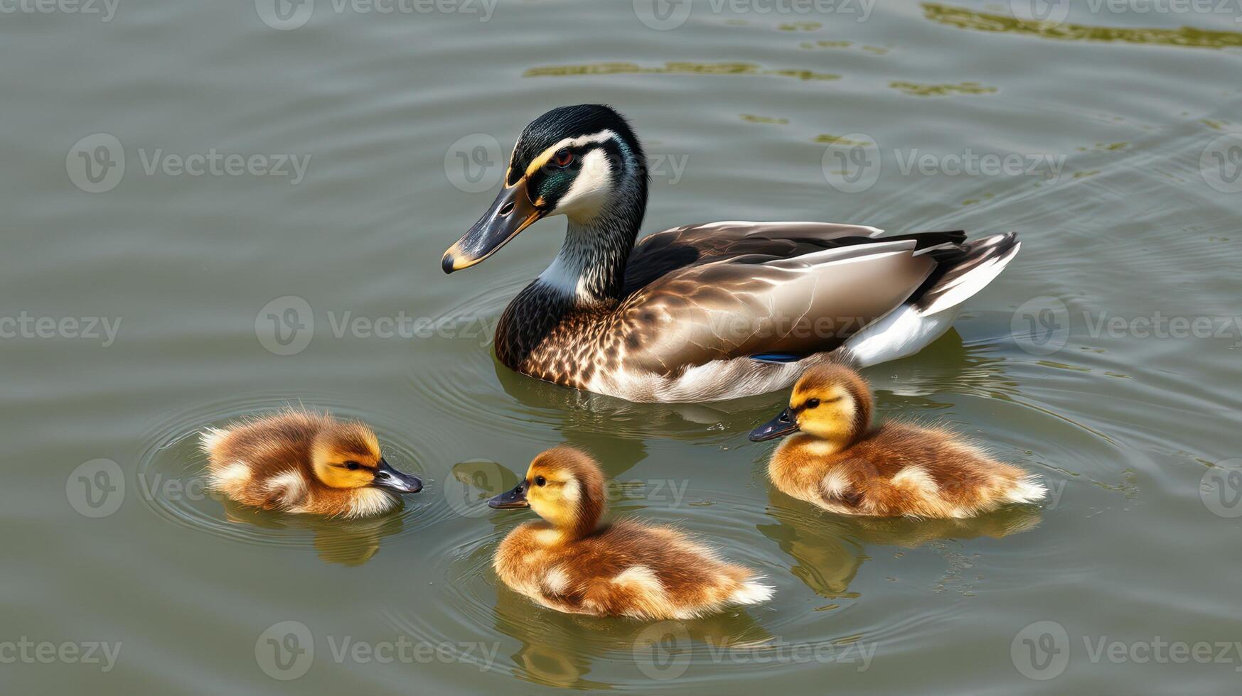 Mother duck swims with her three fluffy ducklings in a serene pond during a sunny afternoon photo