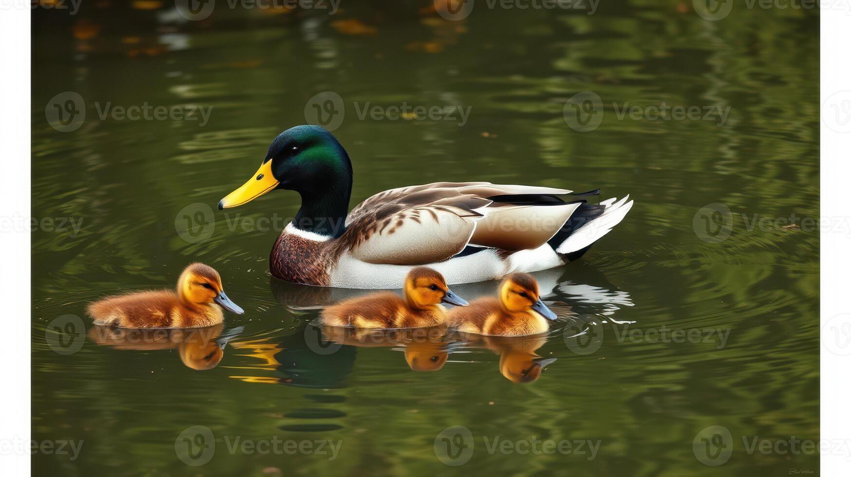 Mallard duck swimming with adorable ducklings in a calm pond during a sunny afternoon photo