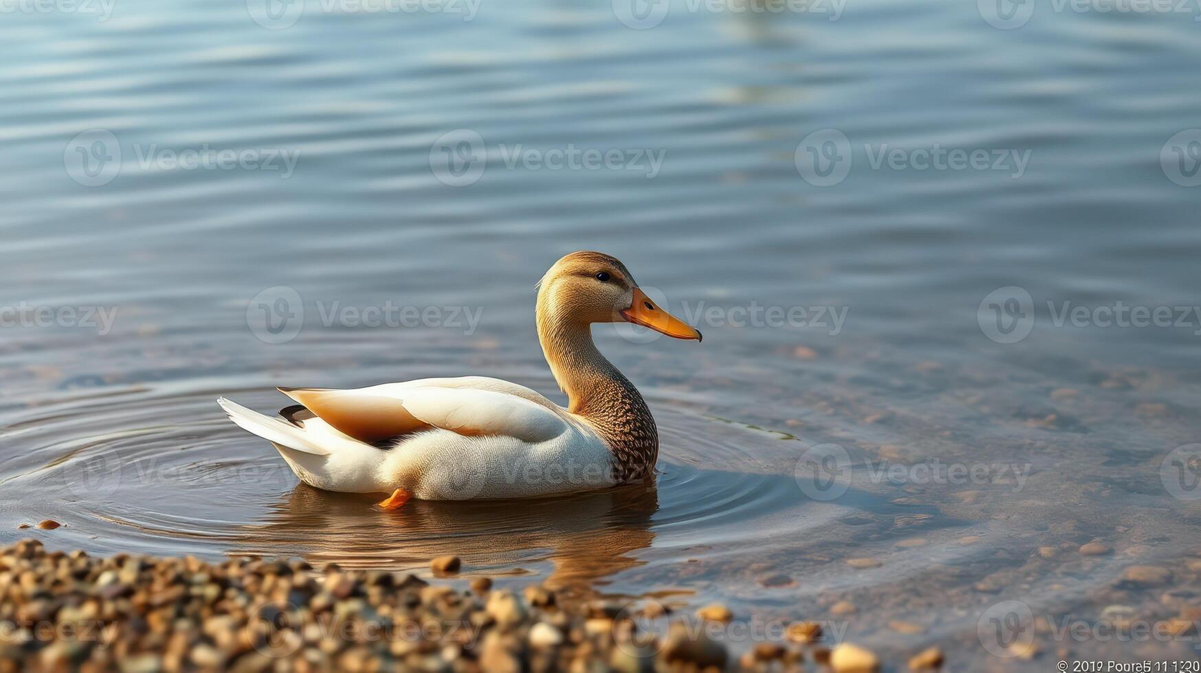 Duck swimming peacefully in clear water near the shore on a sunny day in a serene natural setting photo