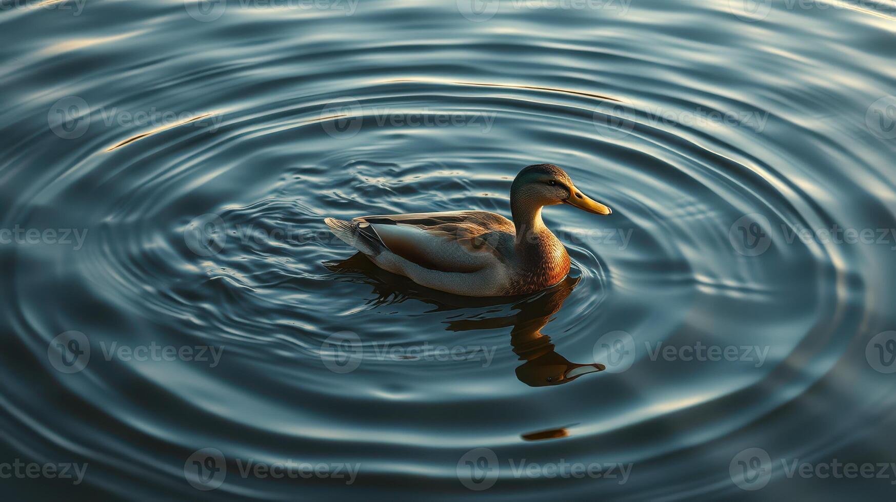 Duck swimming gracefully on a serene pond at sunset, creating ripples in calm water photo
