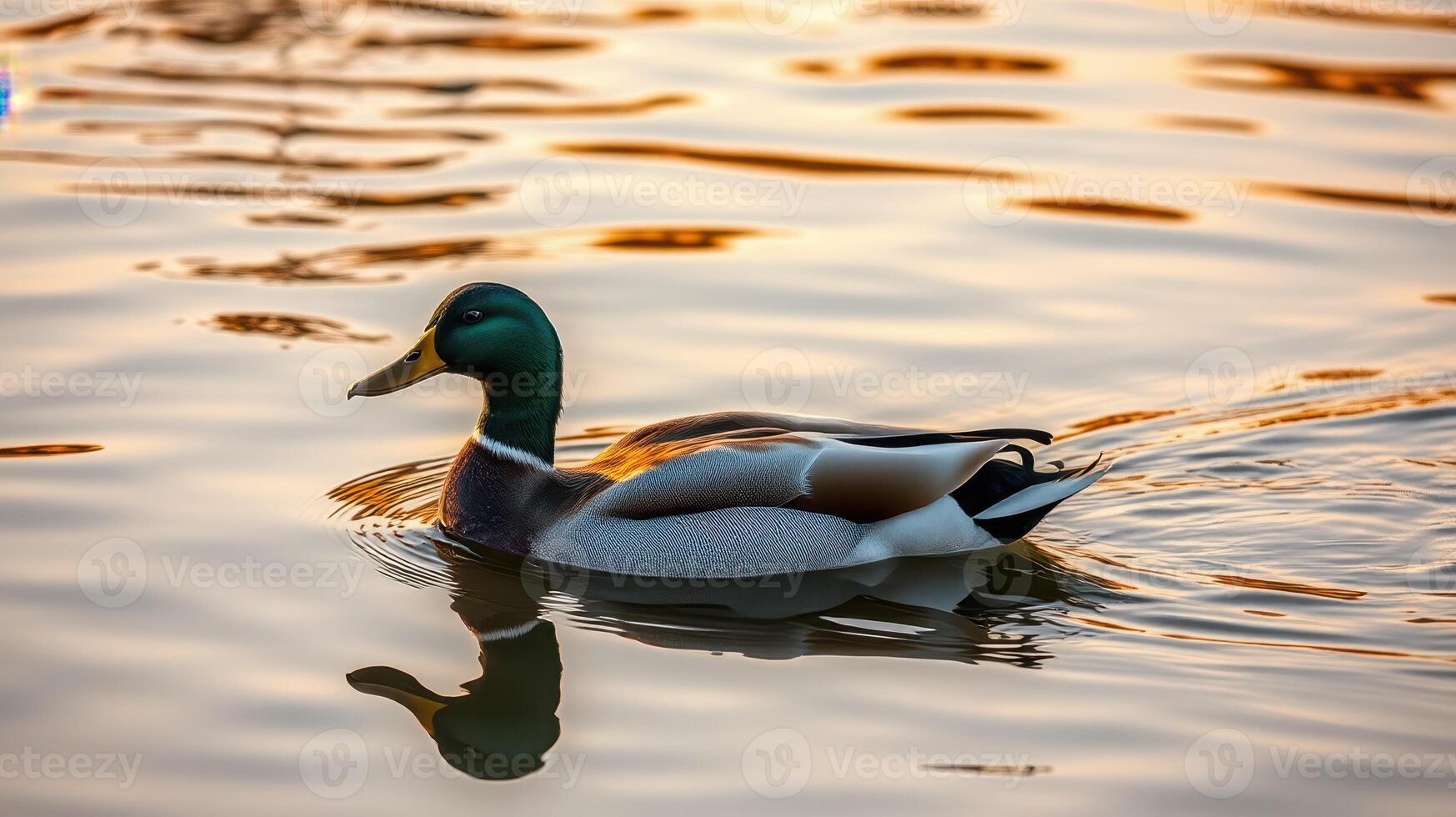 Mallard duck gliding across a tranquil lake at sunset with golden reflections on the water surface photo