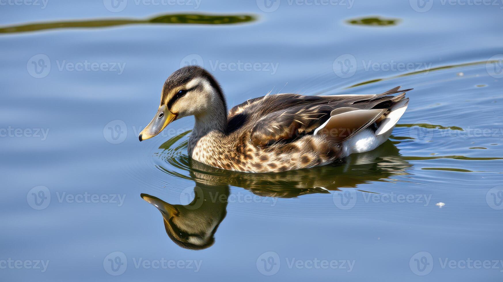Duck swimming gracefully on a calm lake, showcasing its unique patterns and reflection in the water photo