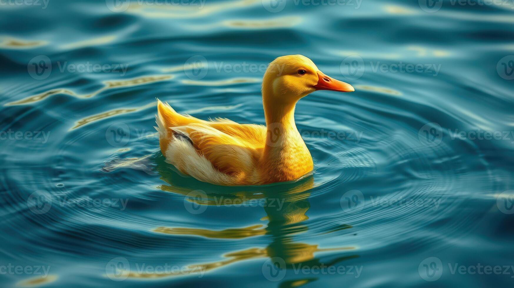 Duck paddling gracefully across a shimmering blue pond under soft sunlight photo