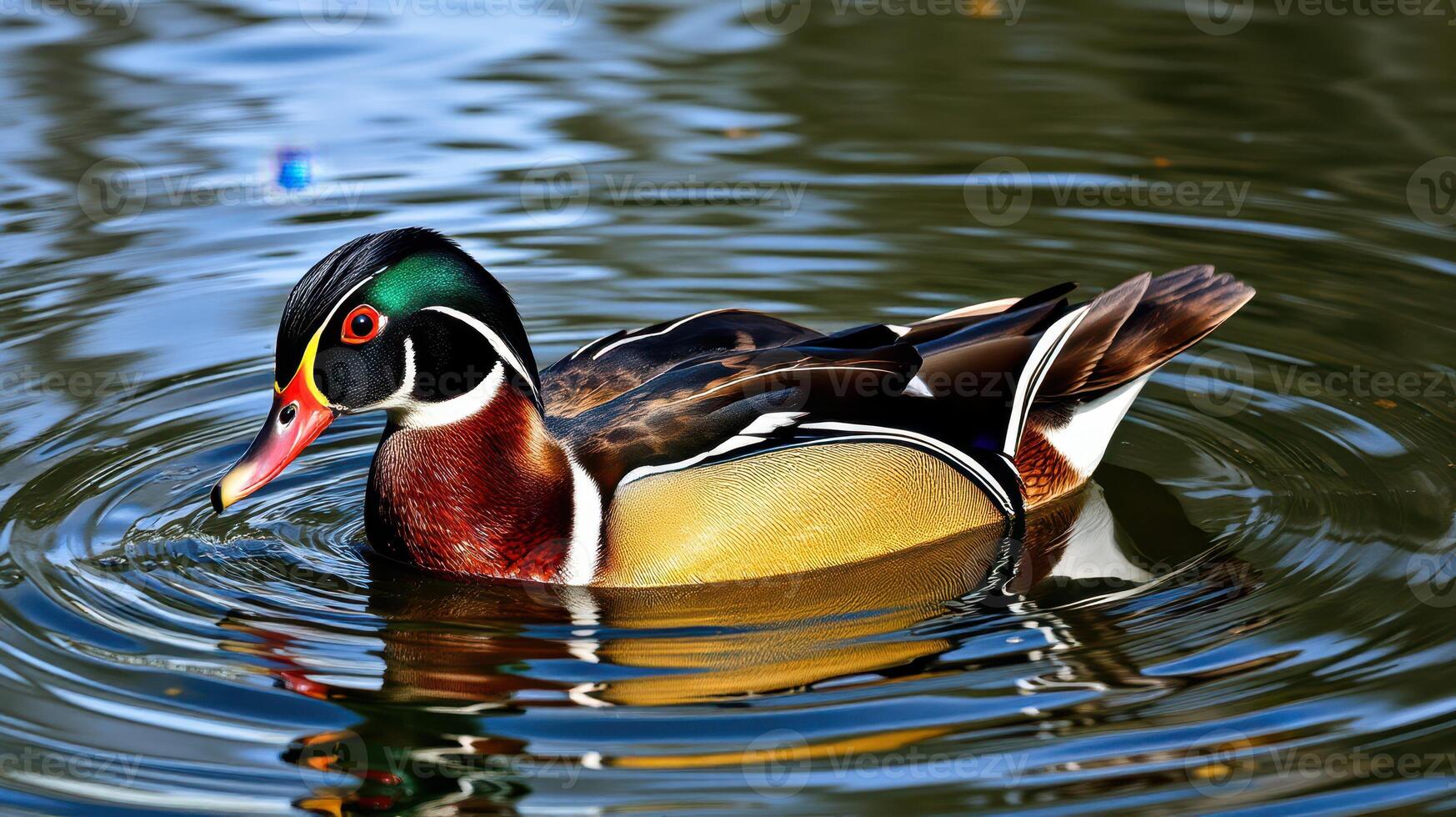 Wood duck swimming gracefully in a serene pond surrounded by reflections of nature photo