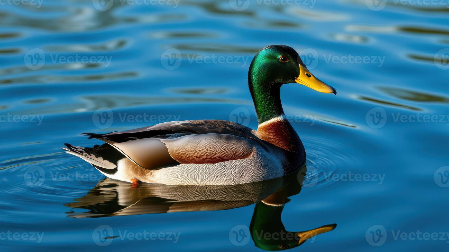 Mallard duck swimming gracefully in a calm lake during a sunny afternoon near a serene nature landscape photo