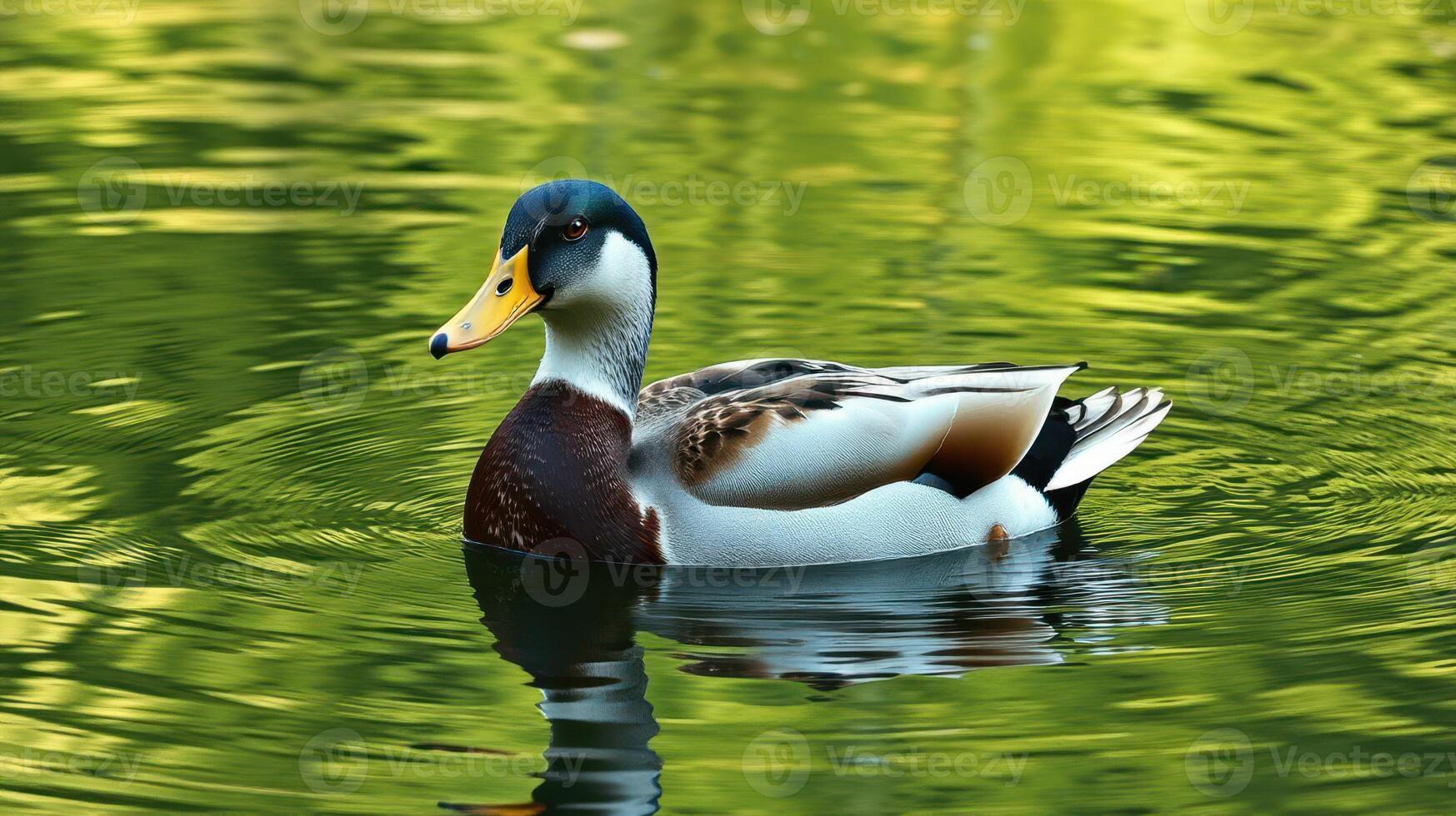 Colorful duck floats gracefully on a tranquil pond surrounded by lush greenery in a serene natural setting photo