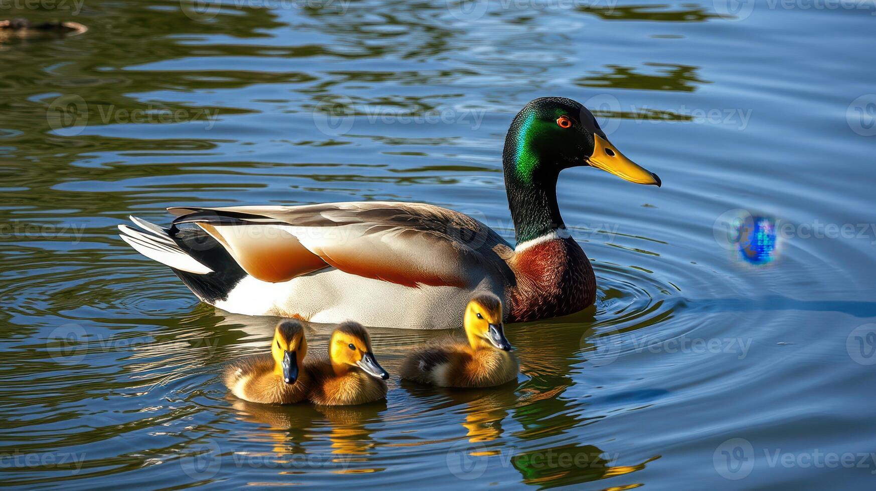 Male duck swims in a pond with three ducklings on a sunny day in spring photo