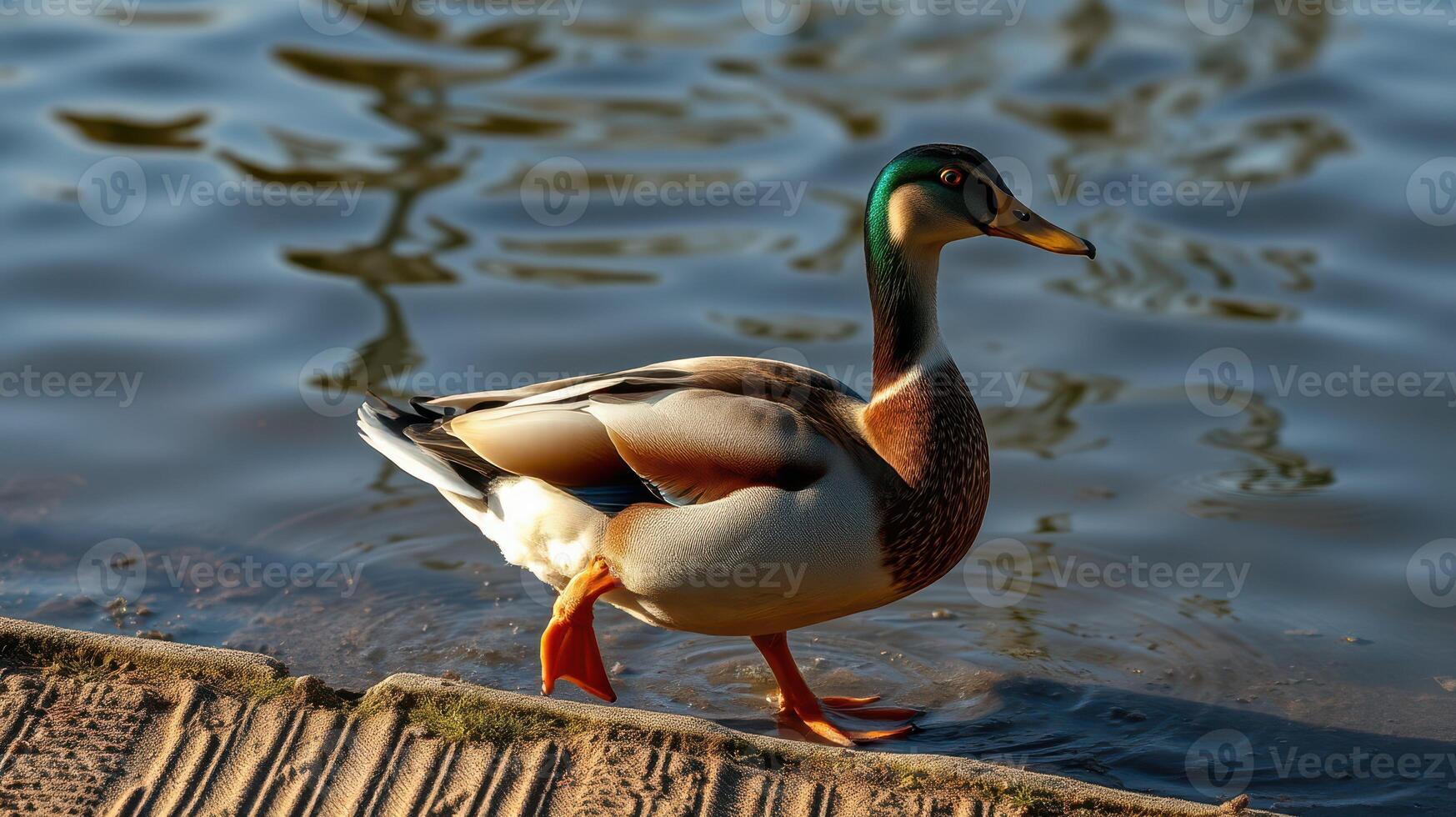 Male mallard duck walking along the shore of a tranquil pond at sunset near a park photo