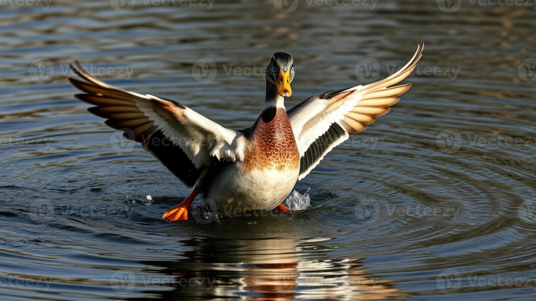 Duck flapping its wings while splashing water in a serene pond during sunset photo
