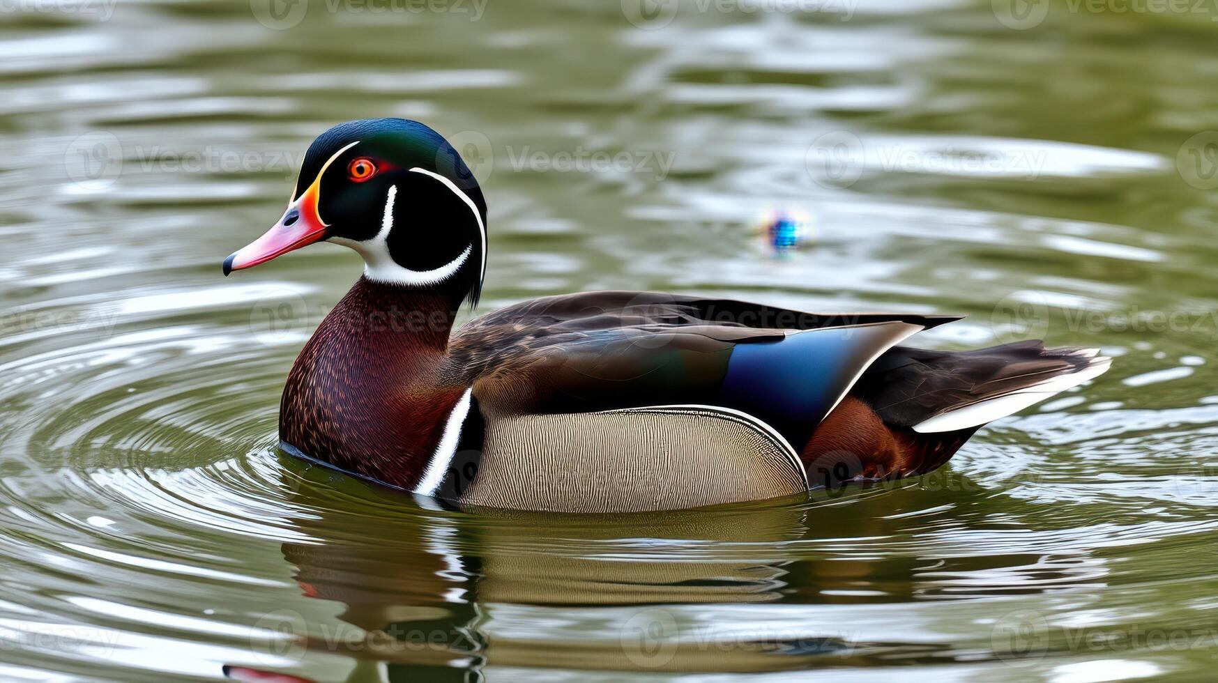 Colorful wood duck swimming gently in a serene pond, showcasing vibrant plumage and natural habitat photo