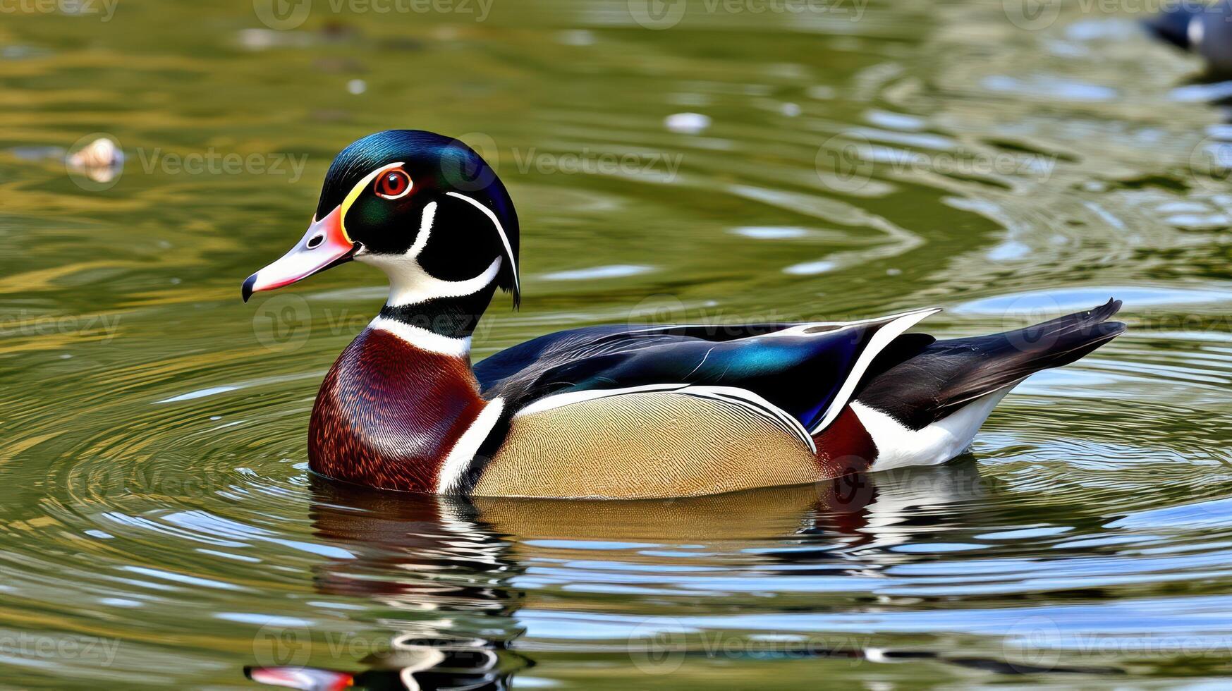Colorful wood duck swimming gracefully in a serene pond surrounded by nature photo
