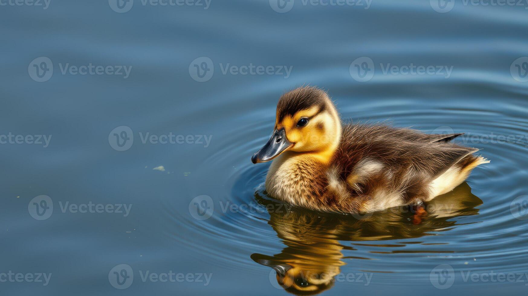 Cute duckling swimming peacefully in calm water during a sunny day in a tranquil park setting photo
