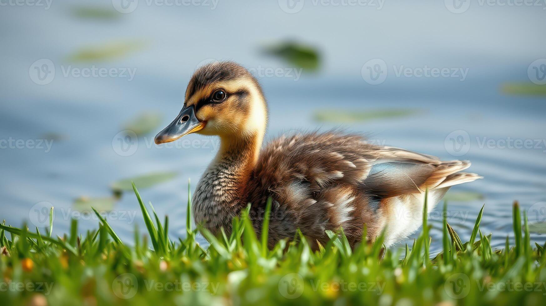 Cute duckling standing on green grass by the water under bright sunlight in a serene outdoor setting photo